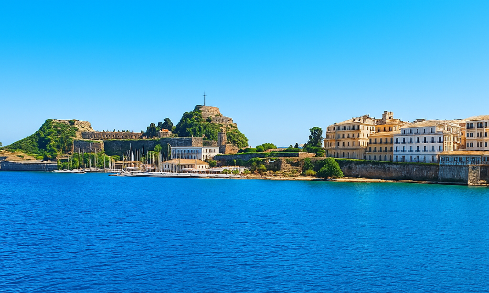 Corfu Old Castle view from the sea on a rib boat.